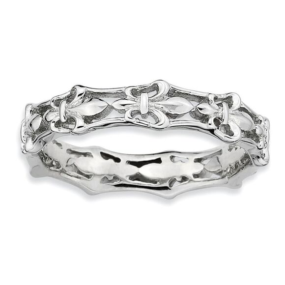 Rhodium Plated Sterling Silver Fleur de Lis 4.5mm Band Size 9